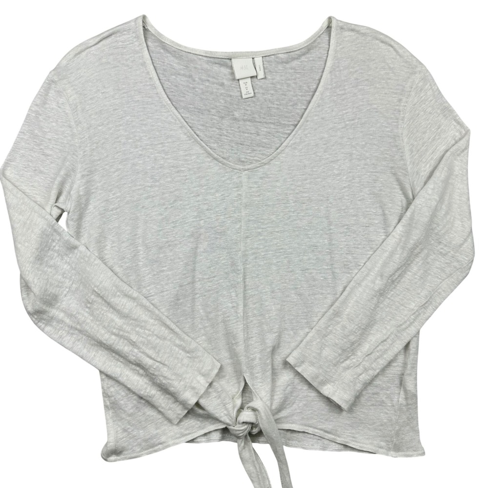 Women Off White 100% Linen Long Sleeve V-Neck Front Tie Top Medium  basics H & M